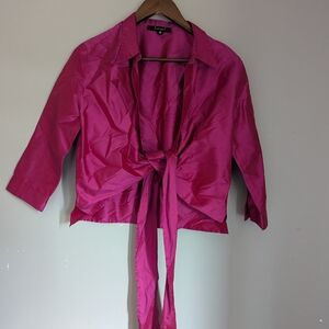Pink Tie-Front Crop Blouse with Notched Collar